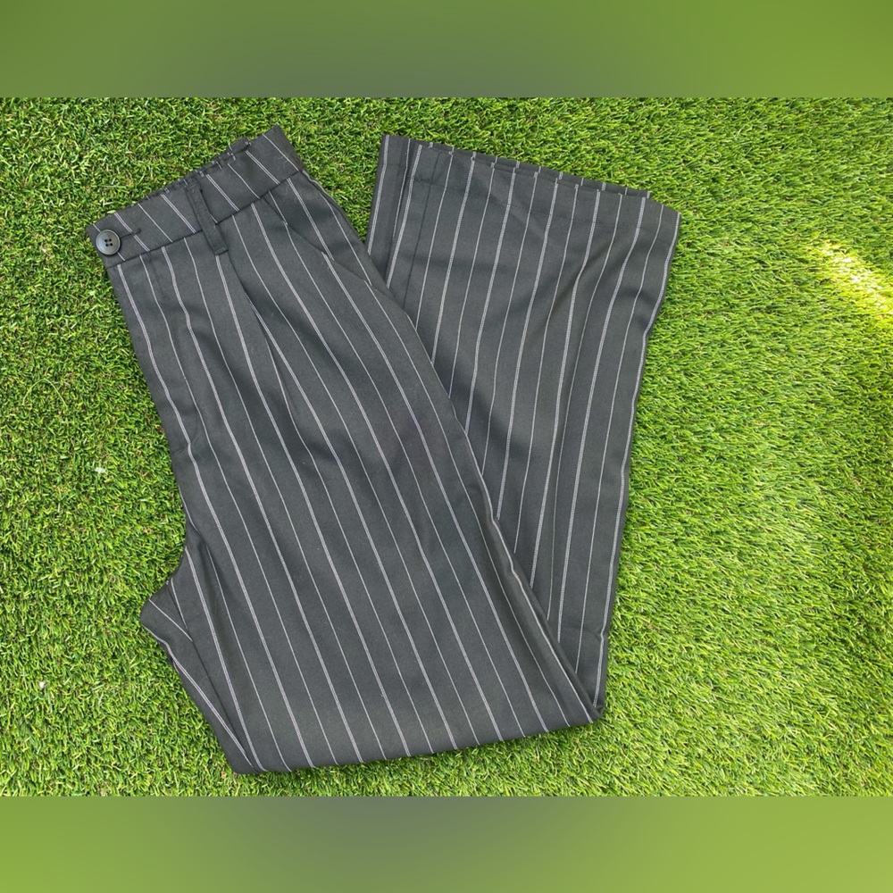 DIVIDED PINSTRIPE BLACK WIDE LEG SUIT PANTS TROUSERS ELASTIC WAISTED PALAZZO S